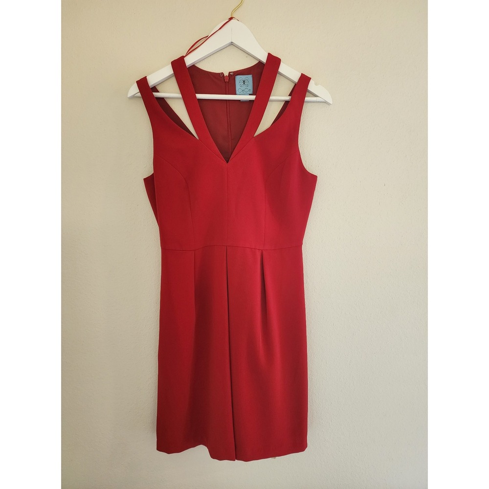 CeCe Womens Red Strappy Cutout V-Neck Fit & Flare Mini Dress Size 4 Workwear